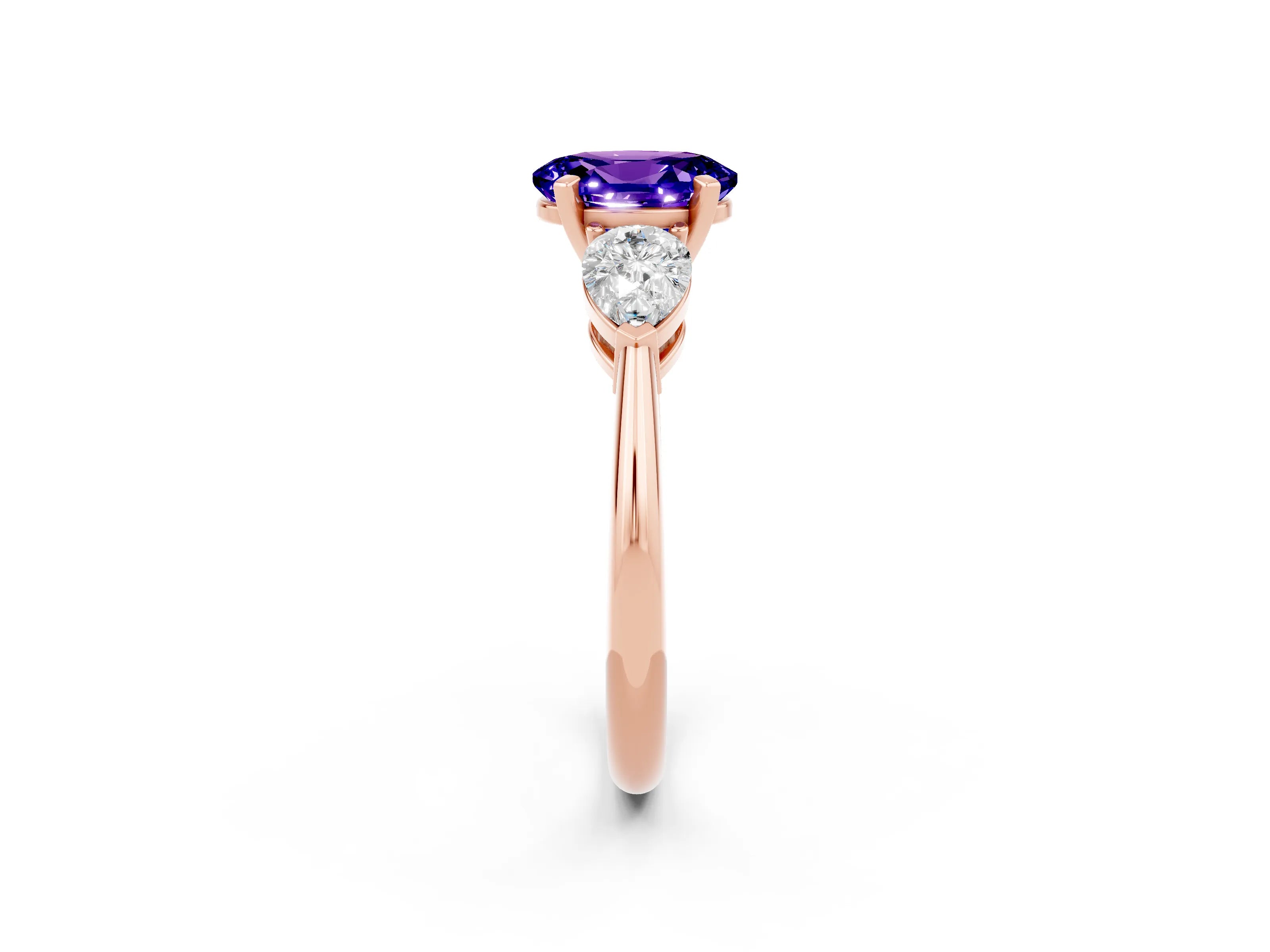 Rose gold Three-Stone Oval Cut Tanzanite Ring with Pear Side Stones and Four-Prong Setting_2