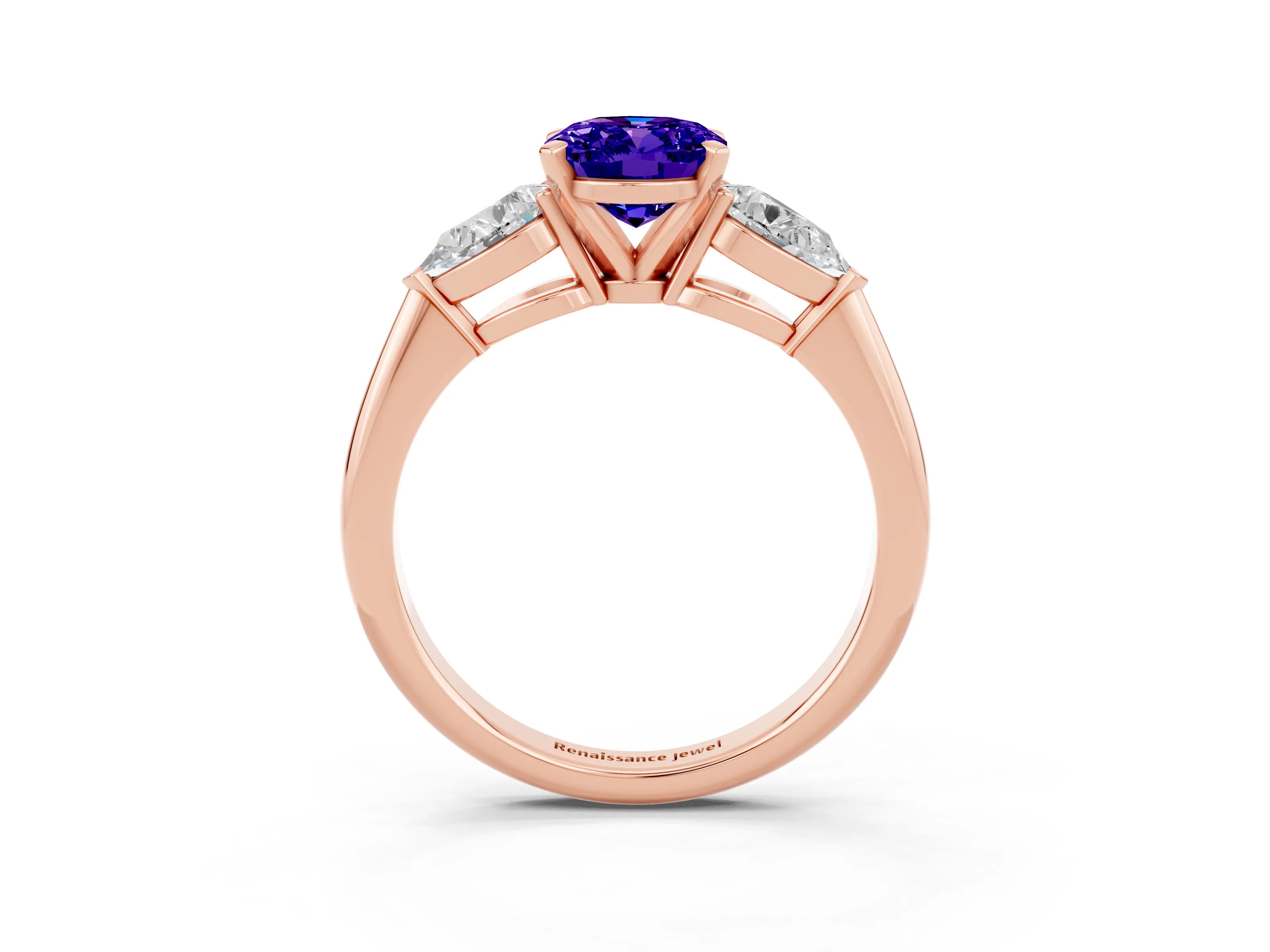 Rose gold Three-Stone Oval Cut Tanzanite Ring with Pear Side Stones and Four-Prong Setting_3