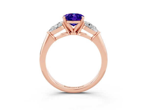 Rose gold Three-Stone Oval Cut Tanzanite Ring with Pear Side Stones and Four-Prong Setting