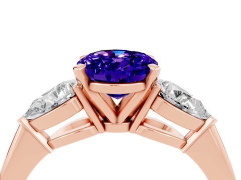 Rose gold Three-Stone Oval Cut Tanzanite Ring with Pear Side Stones and Four-Prong Setting_4