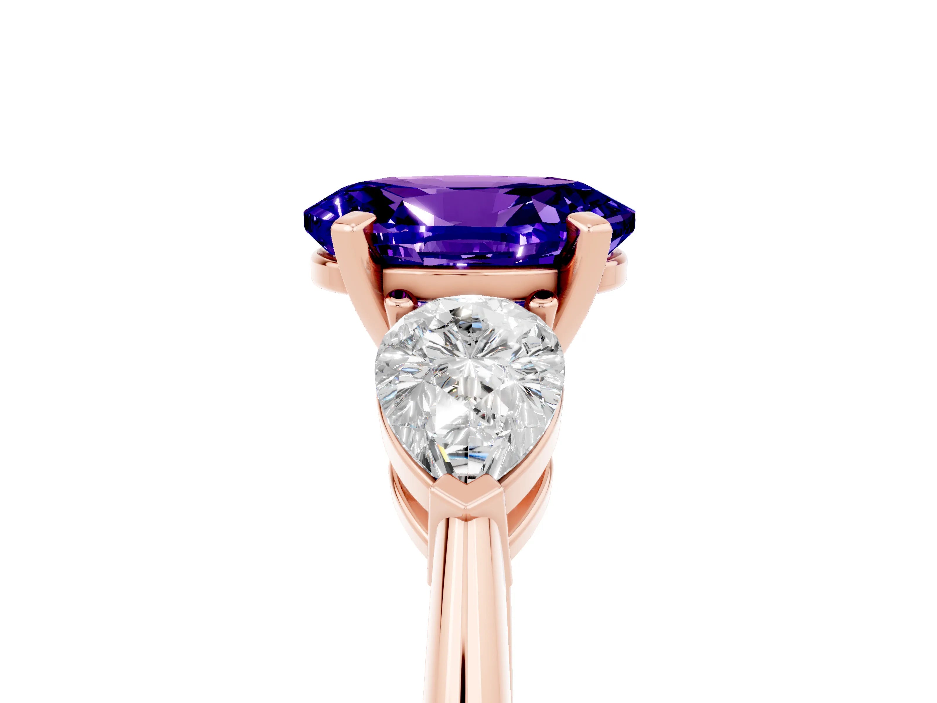 Rose gold Three-Stone Oval Cut Tanzanite Ring with Pear Side Stones and Four-Prong Setting_5