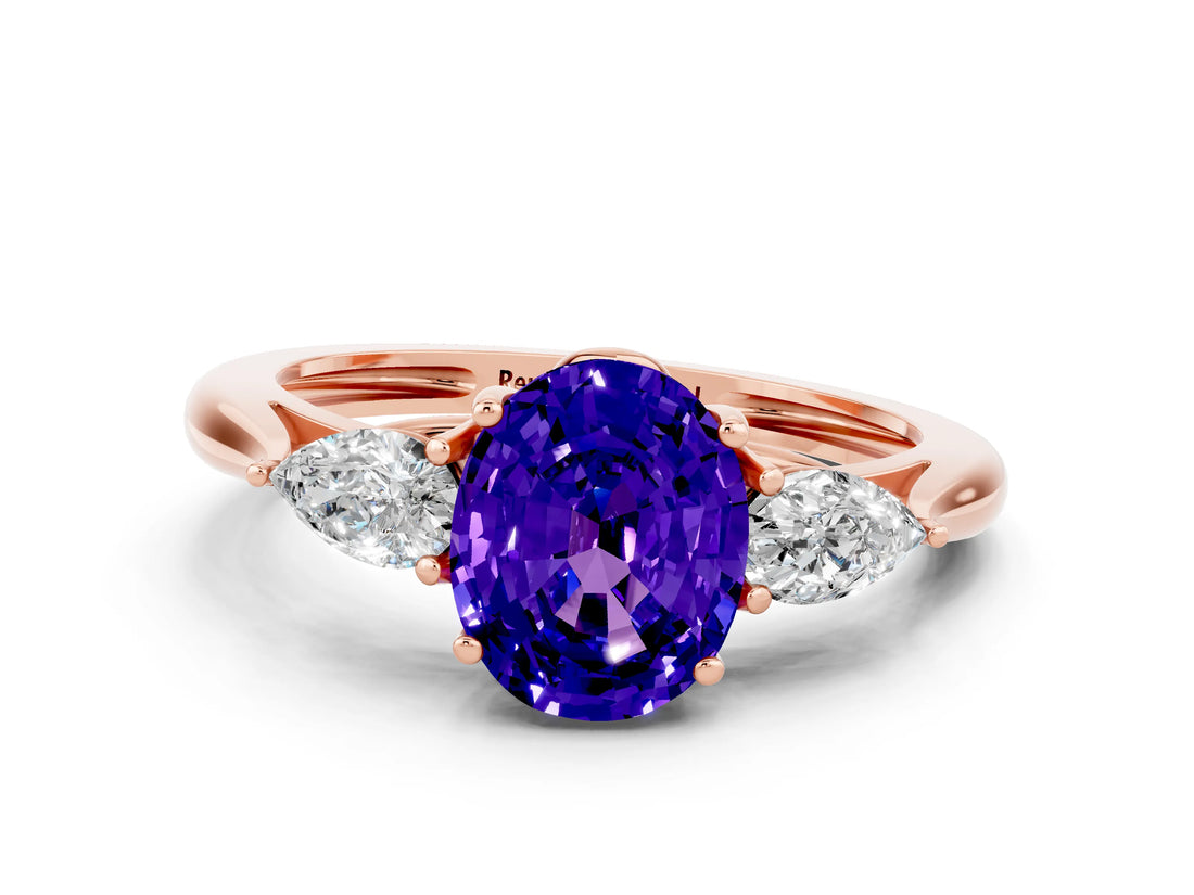 Rose gold Three-Stone Oval Cut Tanzanite Ring with Pear  Side Stones in Four-Prong Setting_12