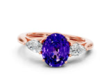 Rose gold Three-Stone Oval Cut Tanzanite Ring with Pear  Side Stones in Four-Prong Setting_12