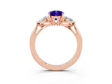 Rose gold Three-Stone Oval Cut Tanzanite Ring with Pear  Side Stones in Four-Prong Setting_15