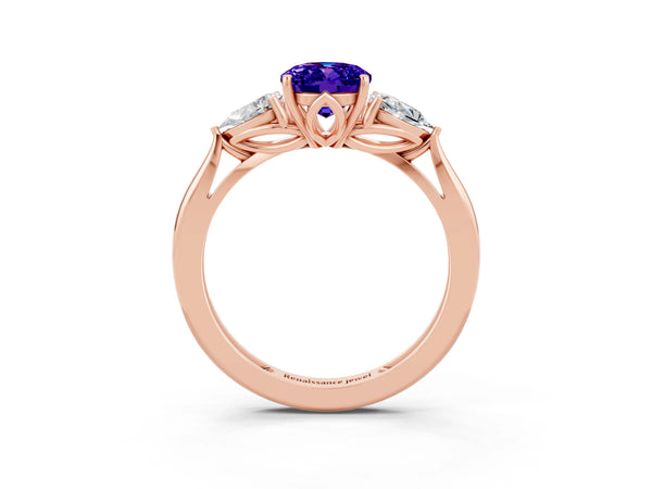 Rose gold Three-Stone Oval Cut Tanzanite Ring with Pear  Side Stones in Four-Prong Setting