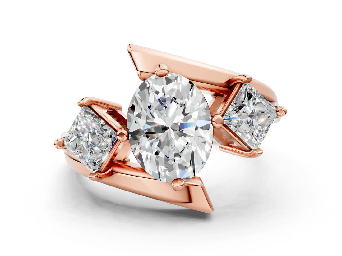 Rose gold Three-Stone Oval Cut Tension Band Ring with Four-Prong Setting_6