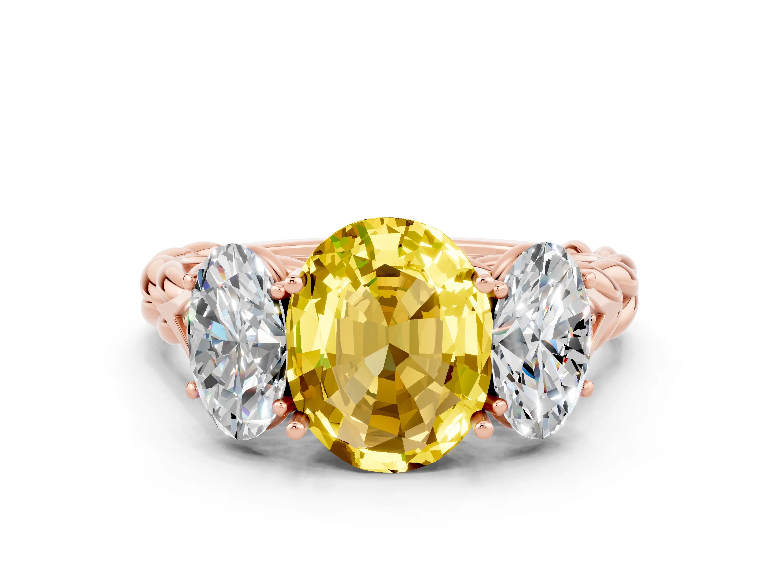Rose gold Three-Stone Oval Cut Yellow Sapphire Braided Band Ring with Four-Prong Setting_36