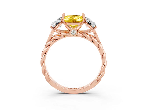 Rose gold Three-Stone Oval Cut Yellow Sapphire Braided Band Ring with Four-Prong Setting