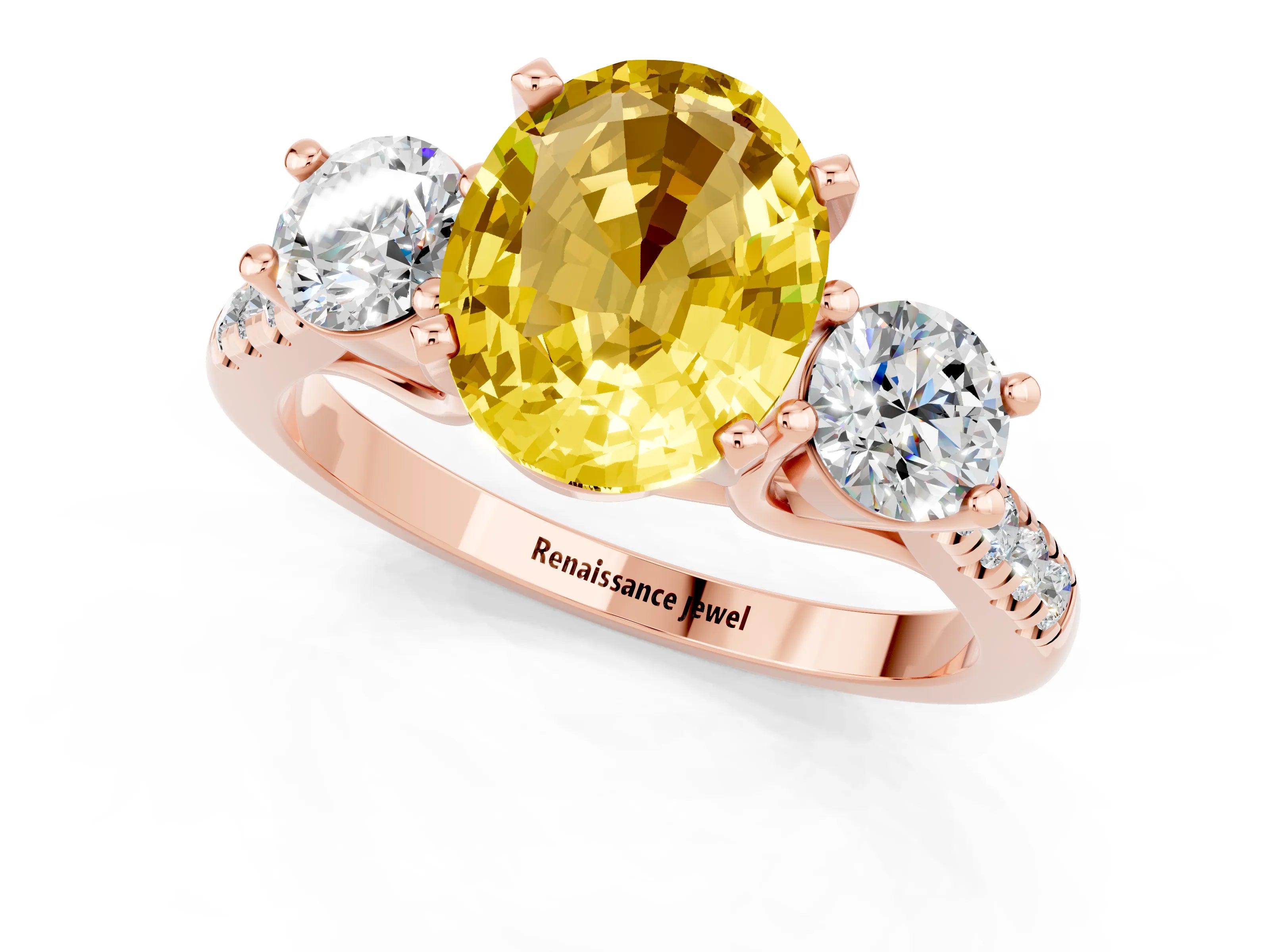 Rose gold Three-Stone Oval Cut Yellow Sapphire Pavé Band with Four-Prong Setting_25