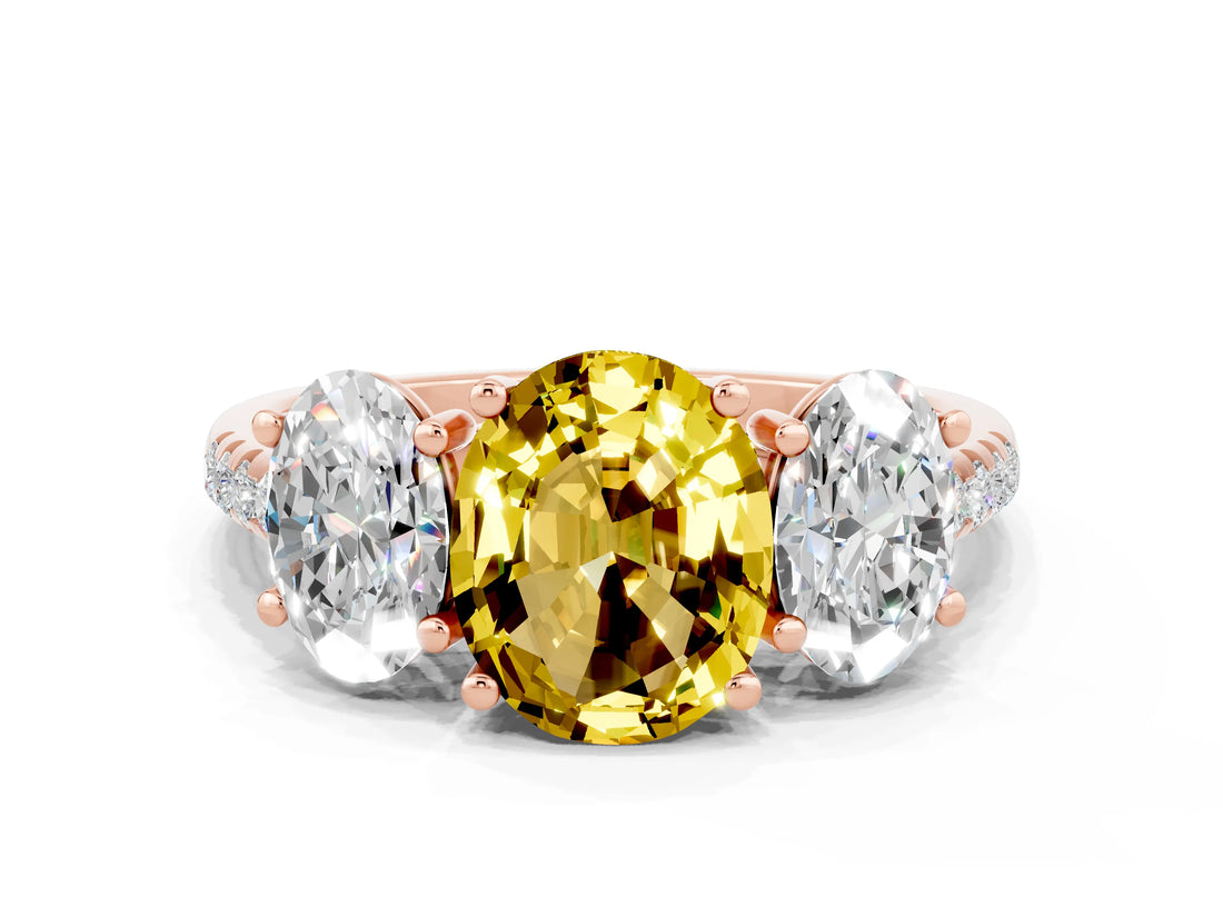 Rose gold Three-Stone Oval Cut Yellow Sapphire Ring with Pavé Band and Prong Setting_36