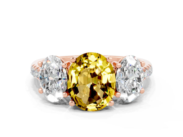 Rose gold Three-Stone Oval Cut Yellow Sapphire Ring with Round  Pavé Band and Prong Setting