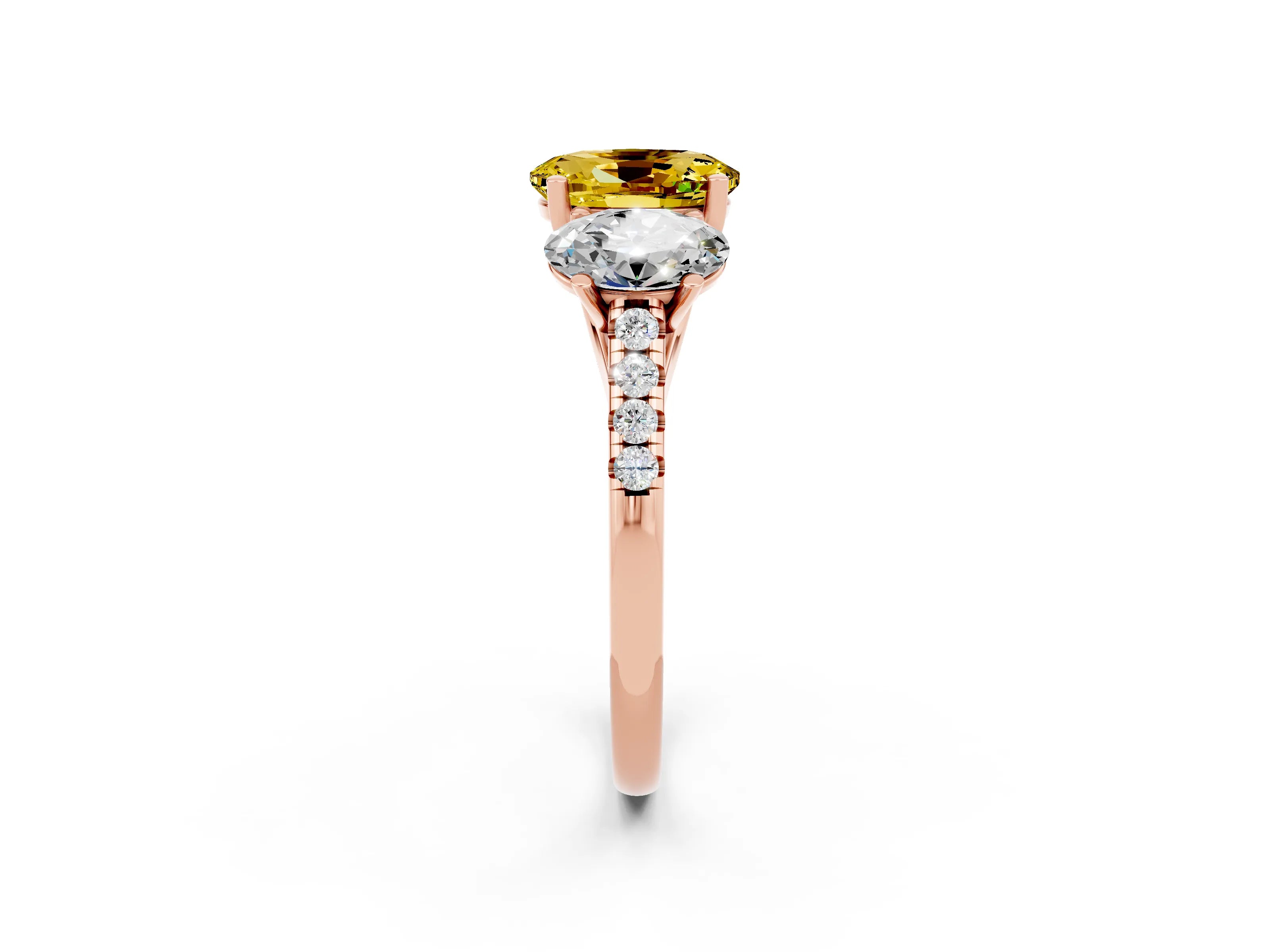 Rose gold Three-Stone Oval Cut Yellow Sapphire Ring with Pavé Band and Prong Setting_38