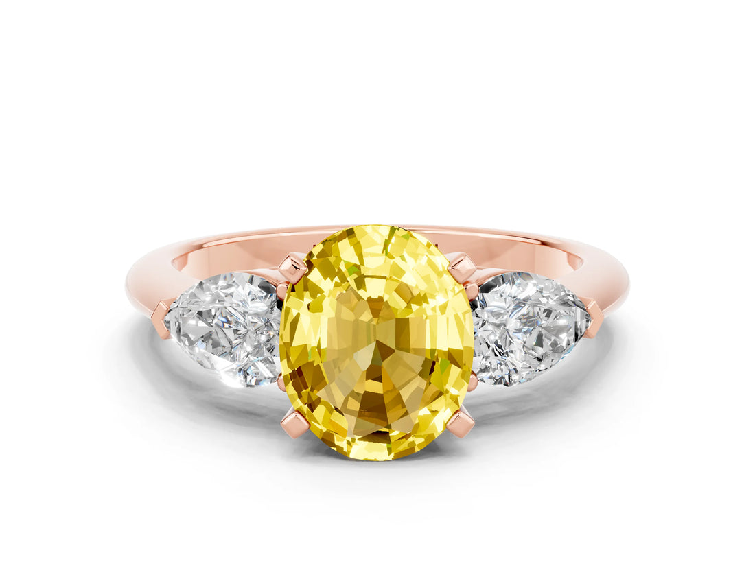 Rose gold Three-Stone Oval Cut Yellow Sapphire Ring with Pear Side Stones and Four-Prong Setting_24