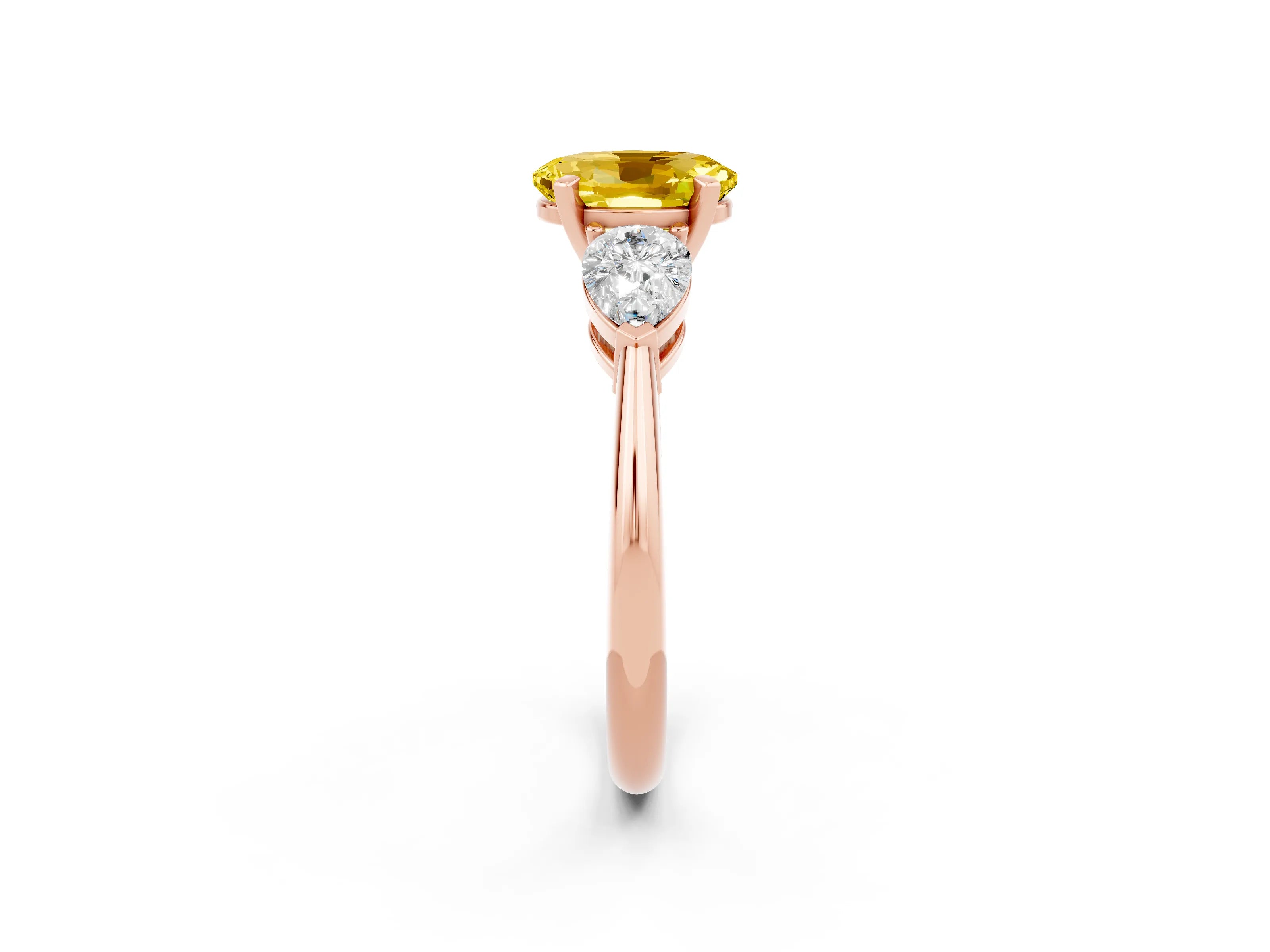 Rose gold Three-Stone Oval Cut Yellow Sapphire Ring with Pear Side Stones and Four-Prong Setting_26