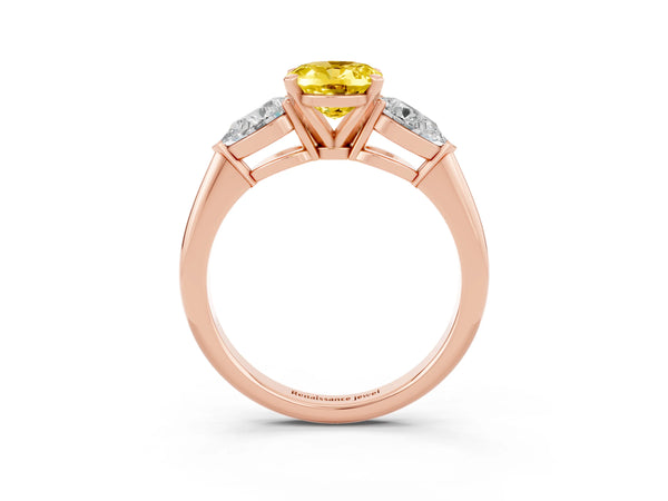 Rose gold Three-Stone Oval Cut Yellow Sapphire Ring with Pear Side Stones and Four-Prong Setting
