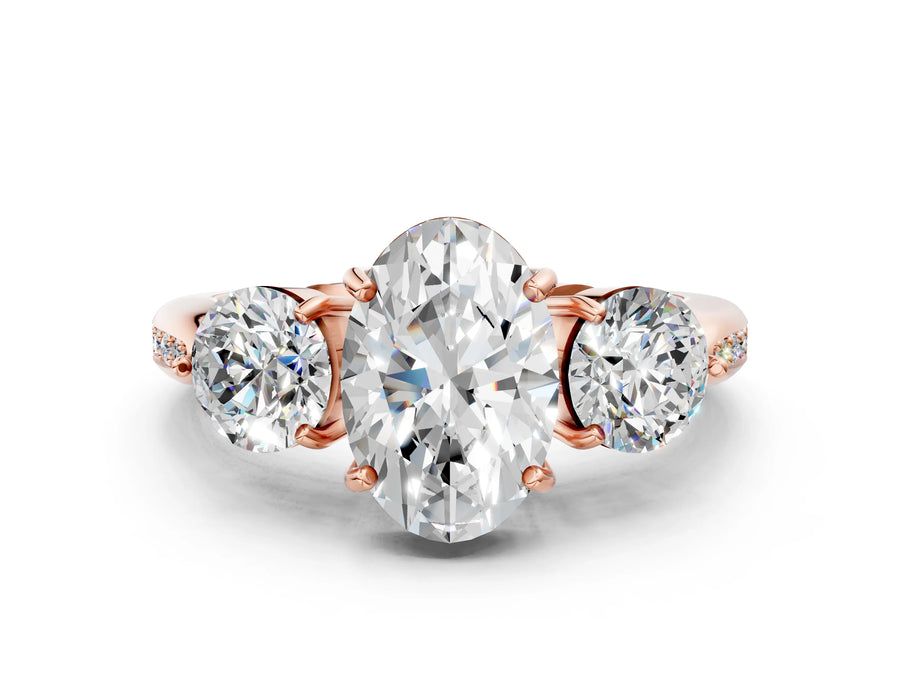Rose gold Three-Stone Oval Diamond Channel Set Engagement Ring with Prong Setting