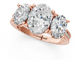 Rose gold Three-Stone Oval Diamond Milgrain Pave Band with Prong Setting 1