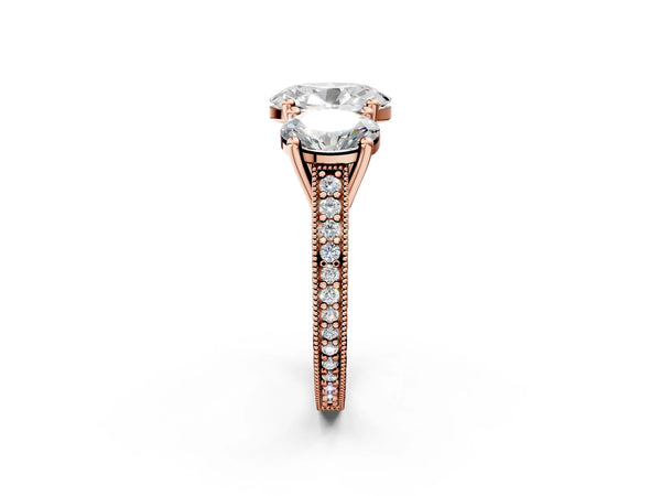 Rose Gold Oval Three-Stone Vintage Engagement Ring Setting with Graduated Milgrain Pave Band