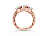 Rose gold Three-Stone Oval Diamond Milgrain Pave Band with Prong Setting 3
