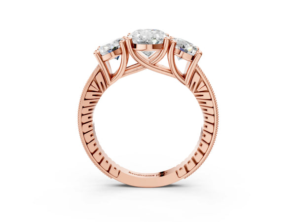 Rose Gold Oval Three-Stone Vintage Engagement Ring Setting with Graduated Milgrain Pave Band