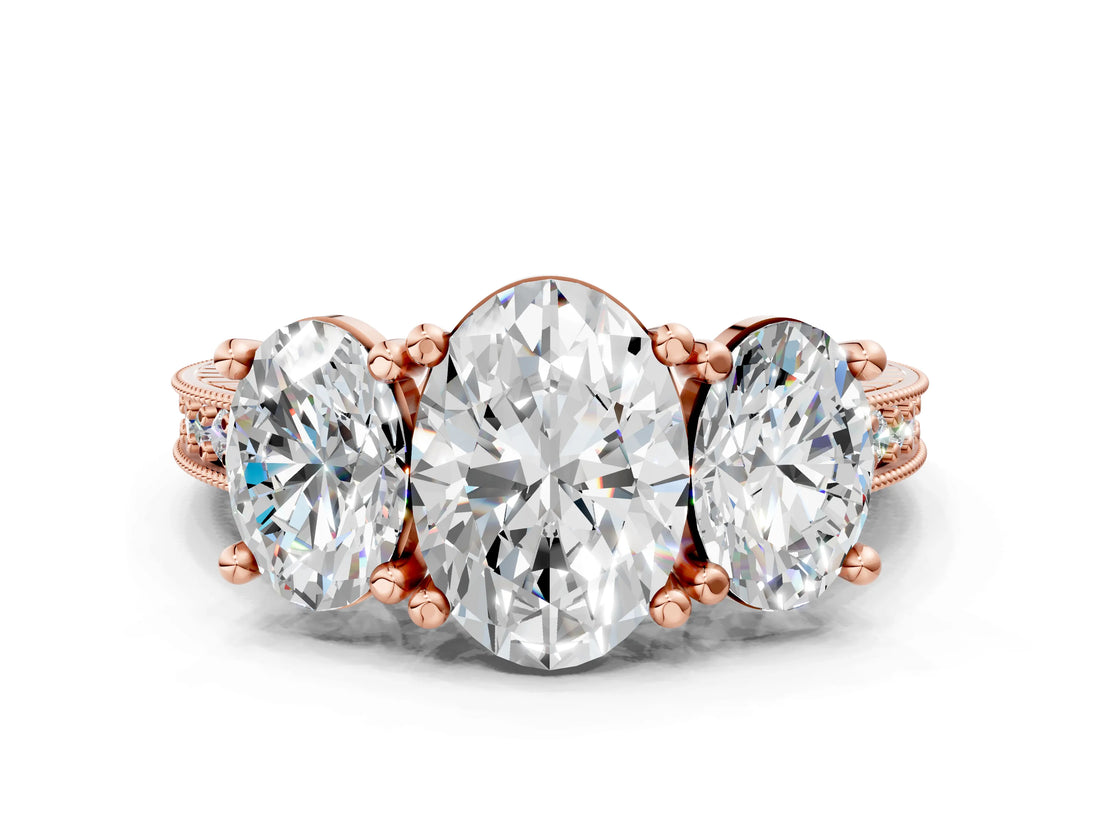 Rose gold Three-Stone Oval Diamond Milgrain Pave Band with Prong Setting