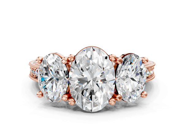 Rose Gold Oval Three-Stone Vintage Engagement Ring Setting with Graduated Milgrain Pave Band