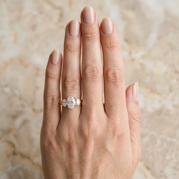 Rose gold Three-Stone Oval Diamond Ring with Channel Band and Prong Setting
