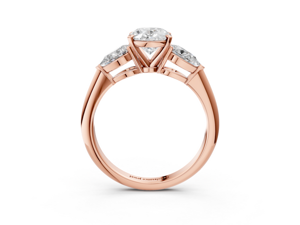 Rose gold Three-Stone Oval Cut Diamond Ring with Pear Side Stones and Four-Prong Setting