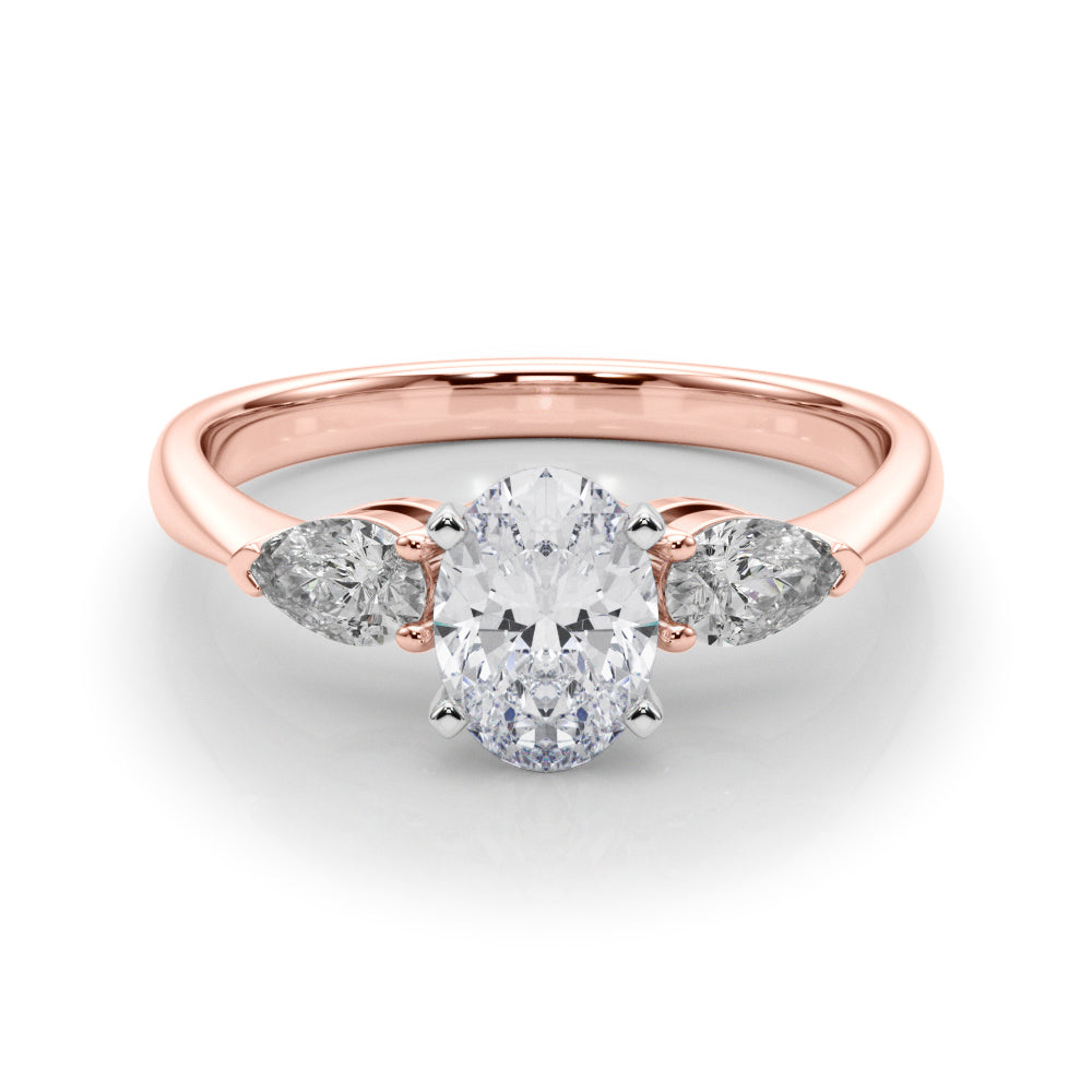 Rose gold Three-Stone Oval Diamond Ring with Pear Side Stones on a Platinum Band with Four-Prong Setting 1