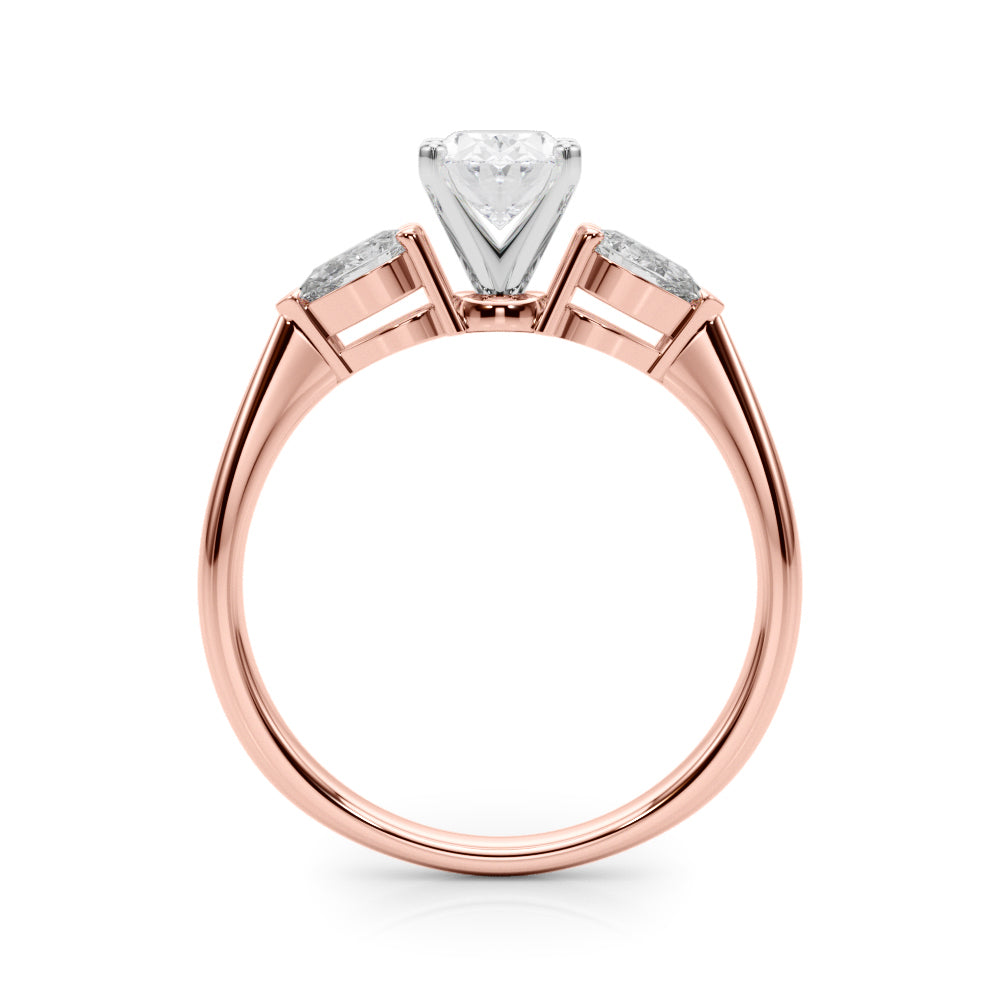 Rose gold Three-Stone Oval Diamond Ring with Pear Side Stones on a Platinum Band with Four-Prong Setting 2