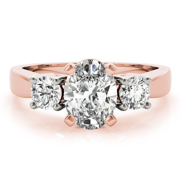 Rose gold Three-Stone Oval Diamond Ring with Round Side Stones, Classic Band, and Four-Prong Setting 1