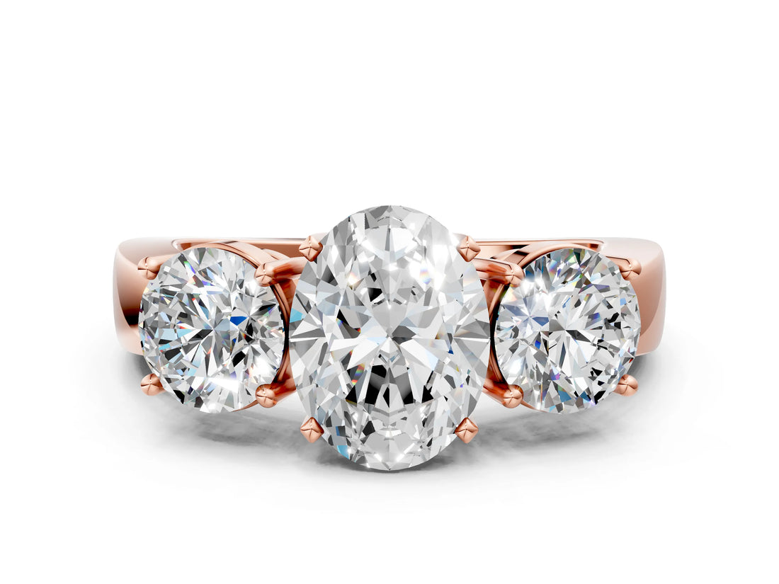 Rose gold Three-Stone Oval Diamond Ring with Round Side Stones, Classic Band, and Four-Prong Setting_6