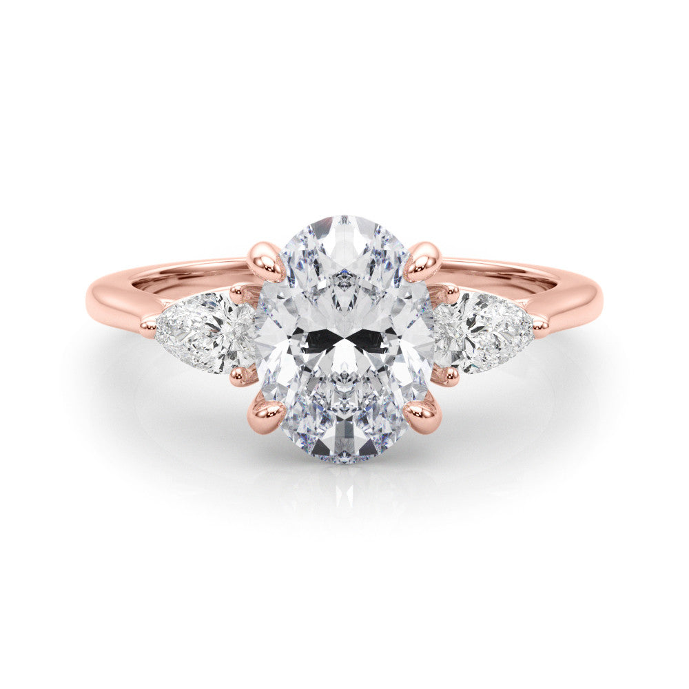 Rose gold Three-Stone Oval Diamond Solitaire Ring with Pear Side Stones and Four-Prong Setting 1