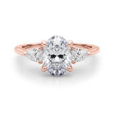 14K Rose Gold Three-Stone 2.02 Carat D VVS2 Oval Diamond Solitaire Ring with Pear Side Stones and Four-Prong Setting