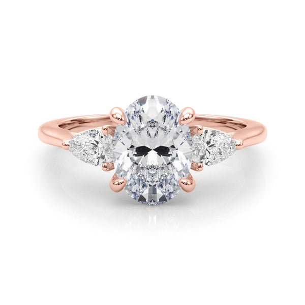 14K Rose Gold Three-Stone 2.02 Carat D VVS2 Oval Diamond Solitaire Ring with Pear Side Stones and Four-Prong Setting