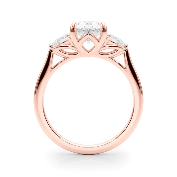 14K Rose Gold Three-Stone 2.02 Carat D VVS2 Oval Diamond Solitaire Ring with Pear Side Stones and Four-Prong Setting