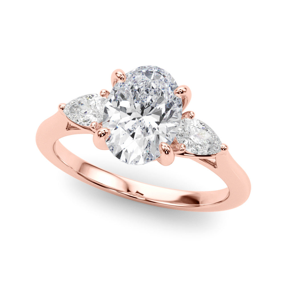 14K Rose Gold Three-Stone 2.02 Carat D VVS2 Oval Diamond Solitaire Ring with Pear Side Stones and Four-Prong Setting