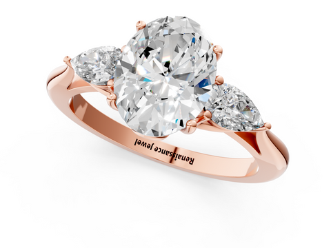 Rose gold Three-Stone Oval Diamond Solitaire Ring with Pear Side Stones and Four-Prong Setting_45