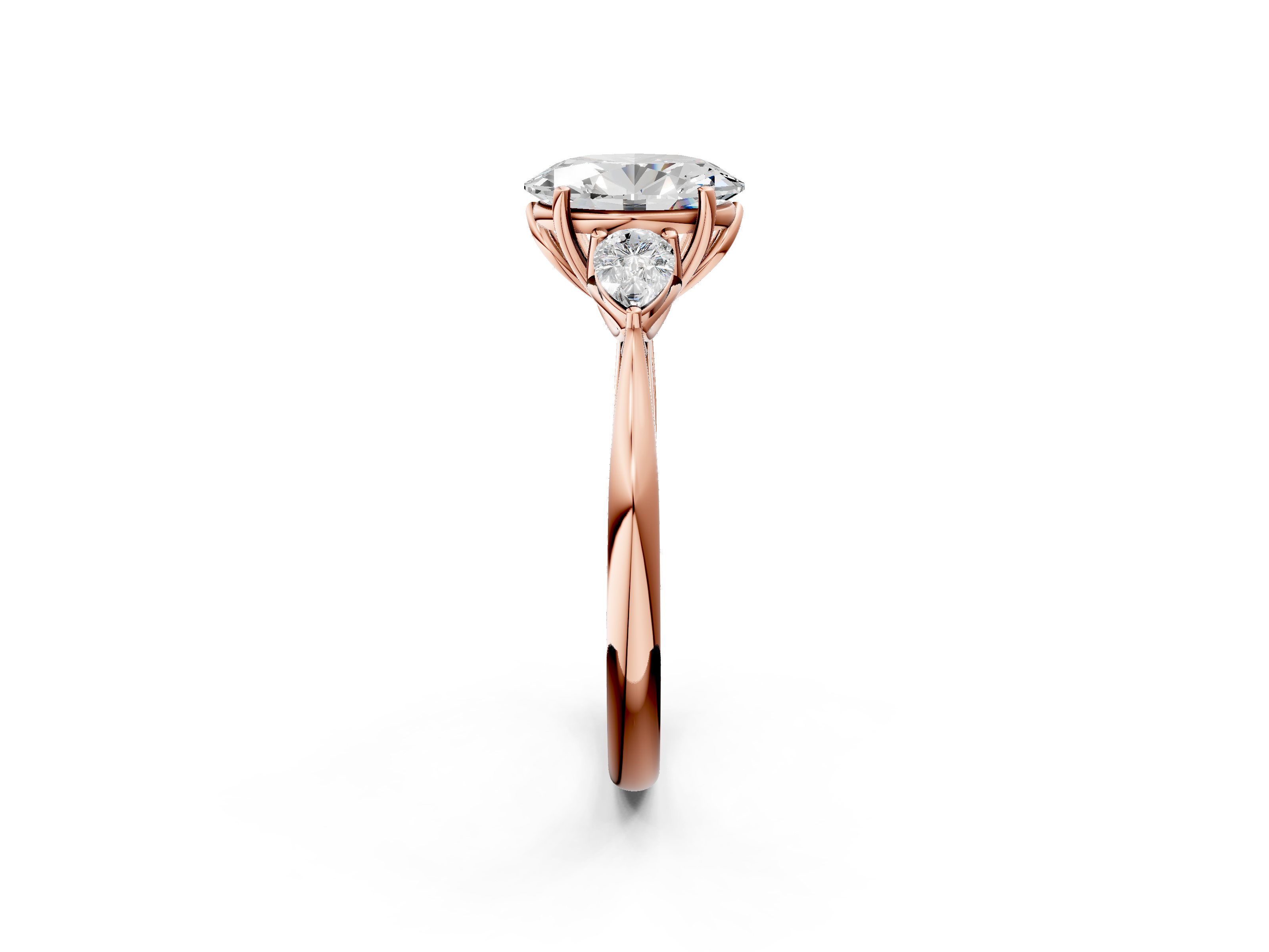 Rose gold Three-Stone Oval Diamond Solitaire Ring with Pear Side Stones and Four-Prong Setting_46