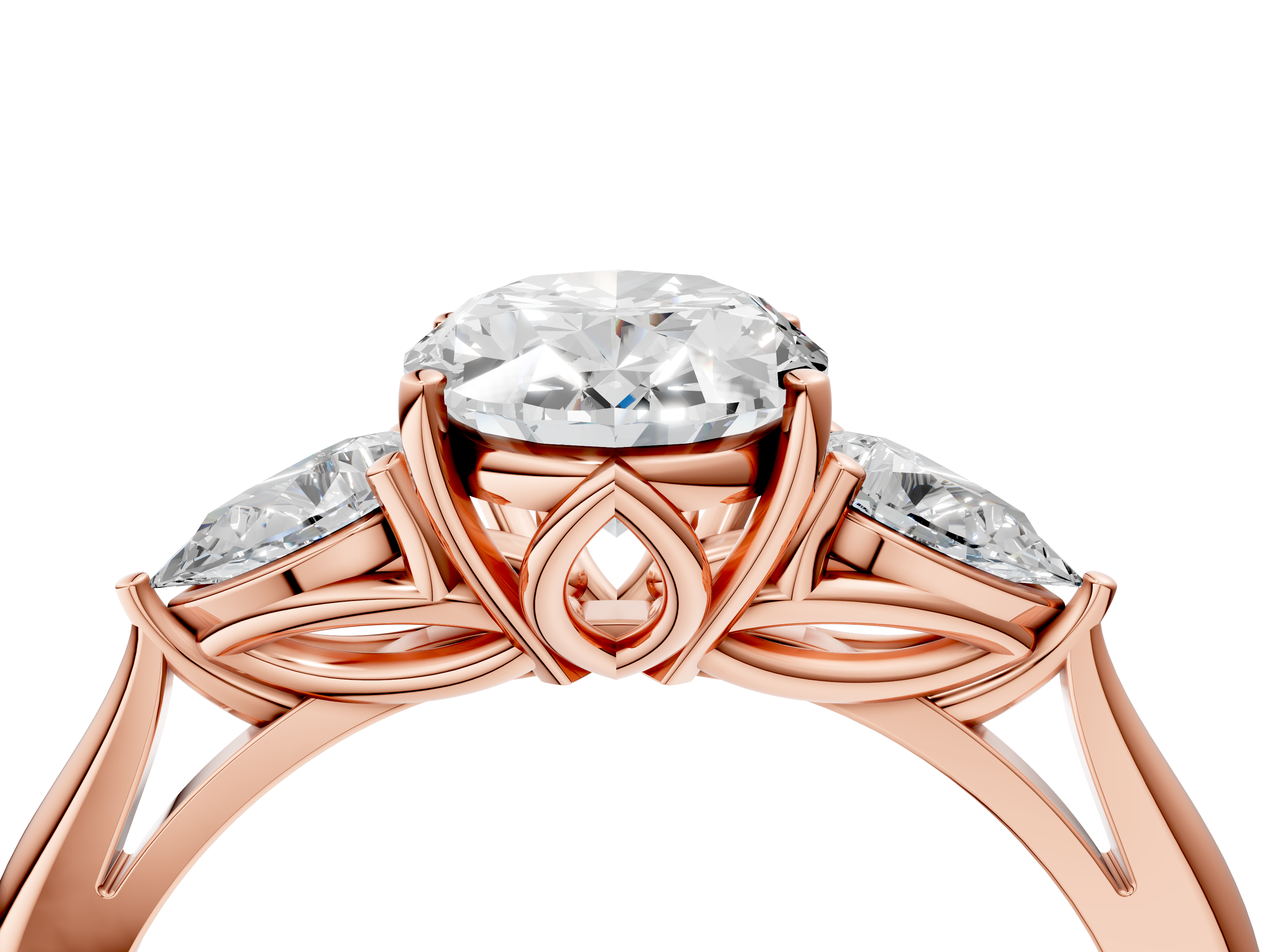 Rose gold Three-Stone Oval Diamond Solitaire Ring with Pear Side Stones and Four-Prong Setting_48
