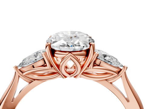 Rose gold Three-Stone Oval Diamond Solitaire Ring with Pear Side Stones and Four-Prong Setting_48