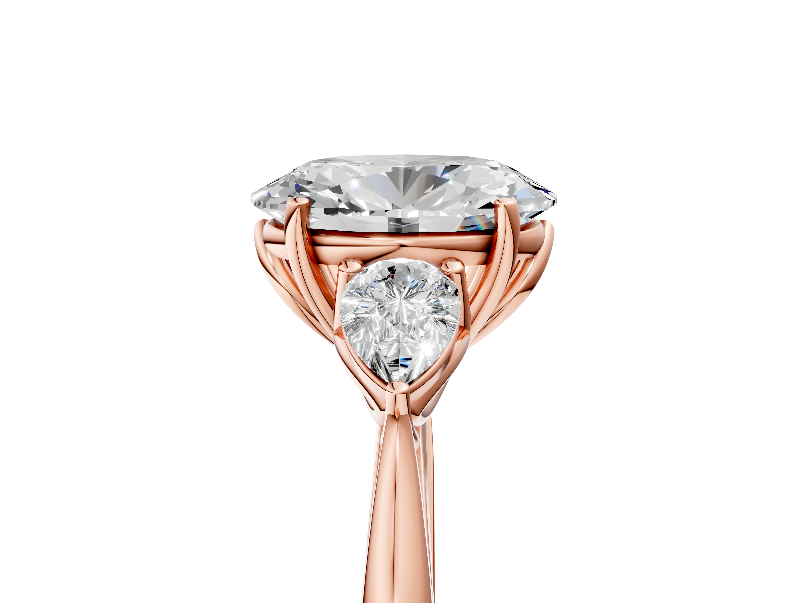 Rose gold Three-Stone Oval Diamond Solitaire Ring with Pear Side Stones and Four-Prong Setting_49