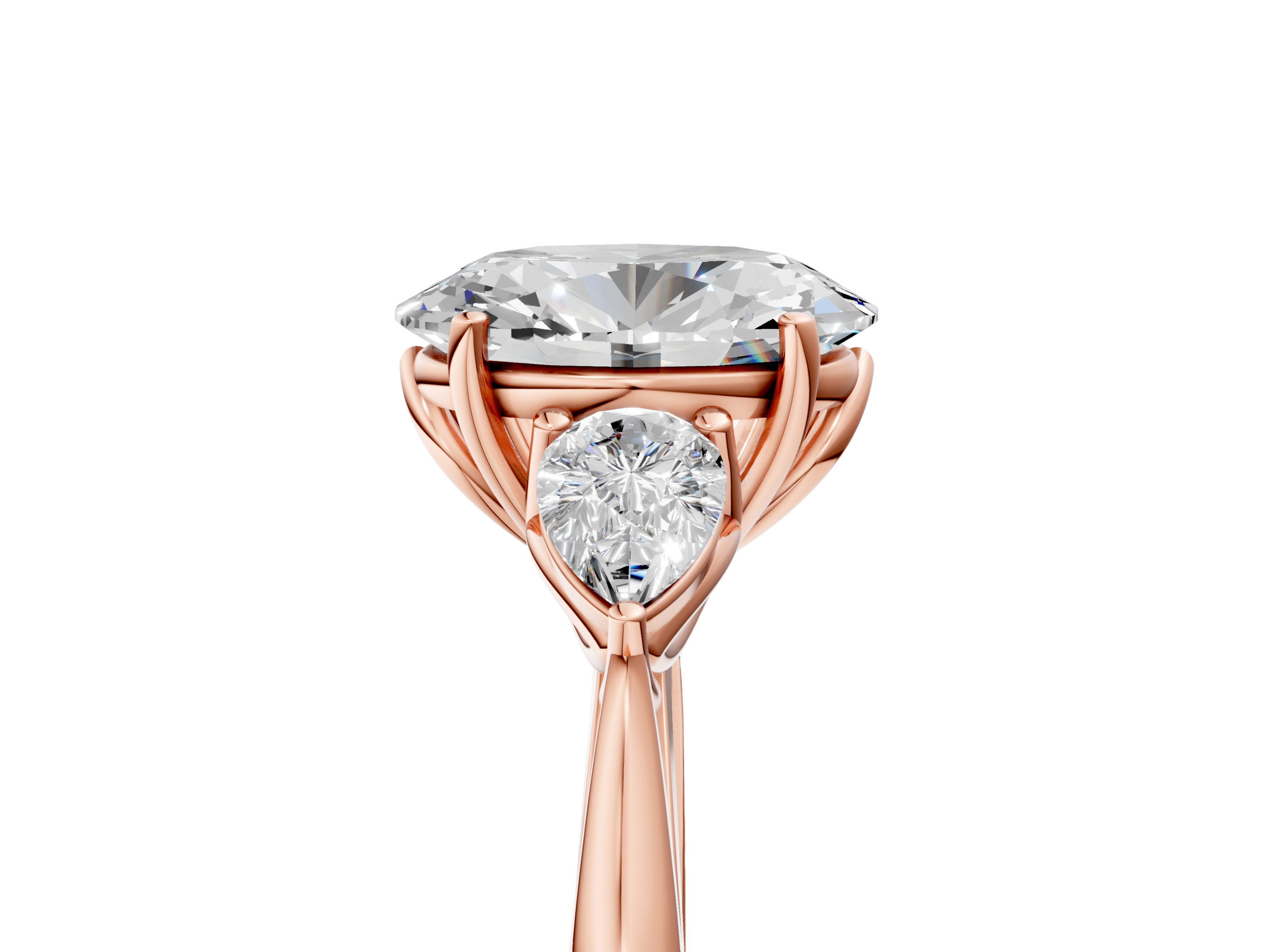 Rose gold Three-Stone Oval Diamond Solitaire Ring with Pear Side Stones and Four-Prong Setting_65