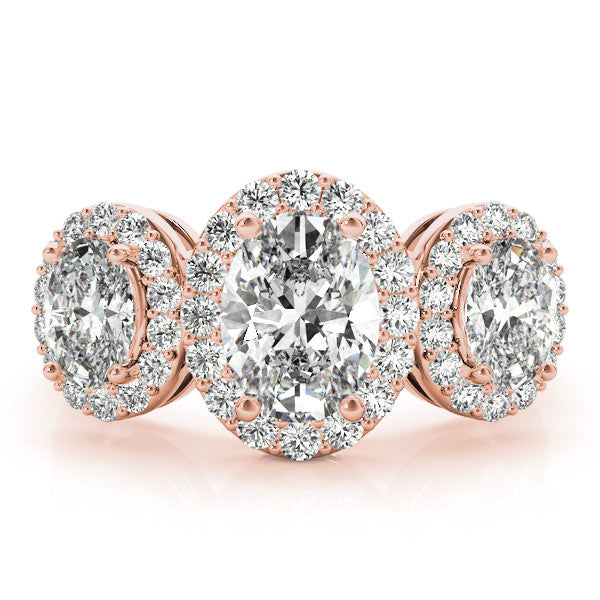 Rose gold Three-Stone Oval Halo Diamond Ring with Pave Band and Four-Prong Setting 1