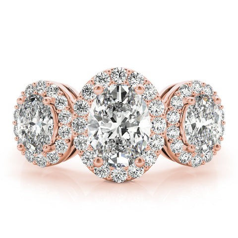 Rose gold Three-Stone Oval Halo Diamond Ring with Pave Band and Four-Prong Setting 1