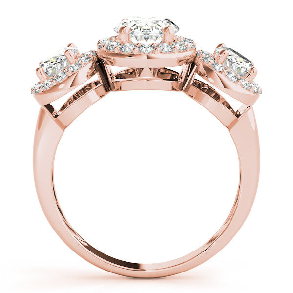 Rose gold Three-Stone Oval Halo Diamond Ring with Pave Band and Four-Prong Setting 2