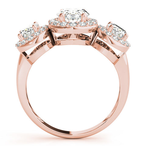 Rose gold Three-Stone Oval Halo Diamond Ring with Pave Band and Four-Prong Setting 2
