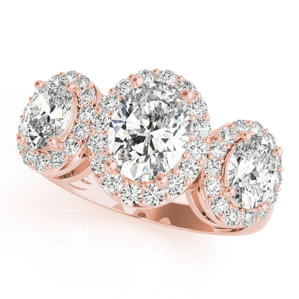 Rose gold Three-Stone Oval Halo Diamond Ring with Pave Band and Four-Prong Setting