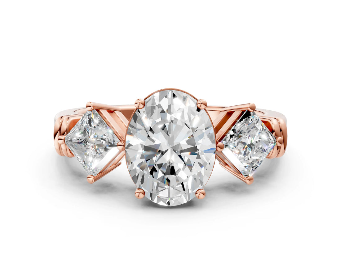 Rose gold Three-Stone Oval and Princess Cut Diamond Ring with Channel Band and Four-Prong Setting_16