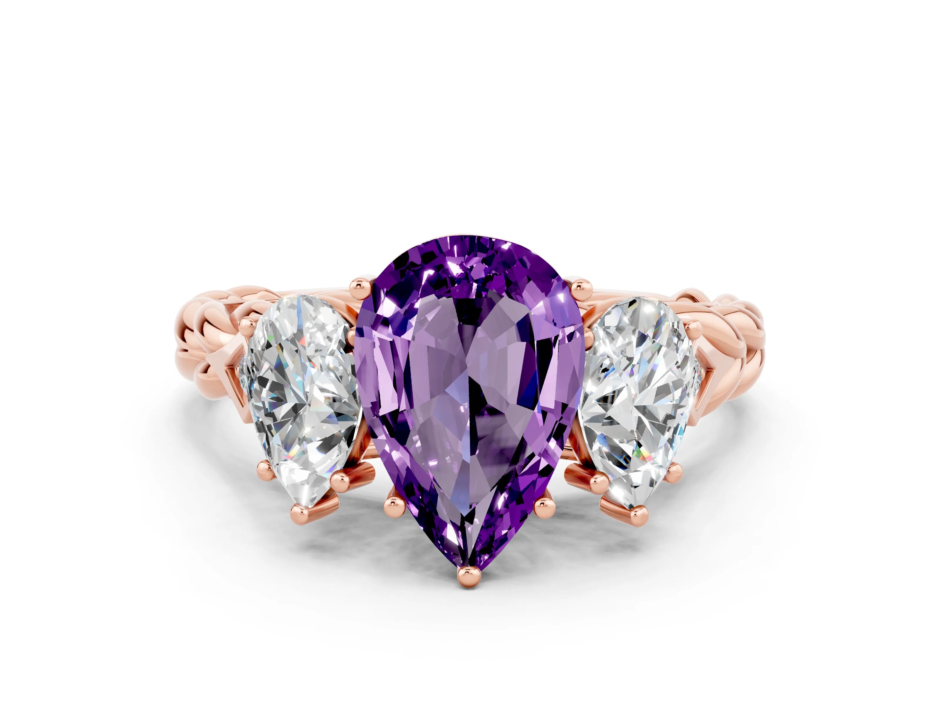 Rose gold Three-Stone Pear Cut Amethyst Braided Band Ring with Four-Prong Setting_12